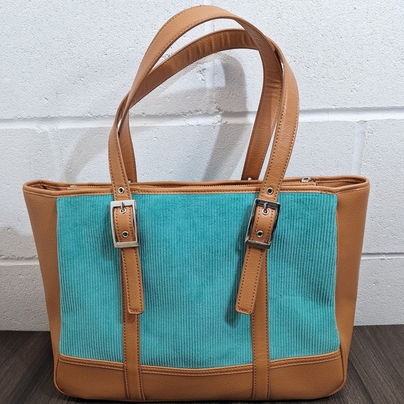 Bath & Body Works Teal Corduroy Tan Faux Leather Tote Shoulder Bag Buckle Accent - Picture 3 of 15